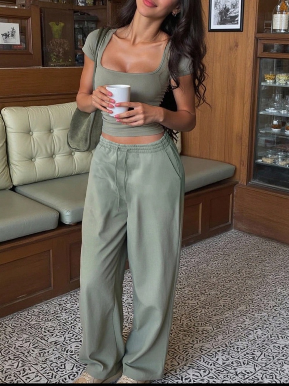 SHEIN Olive Green Wide-Leg High-Rise Lounge Pants